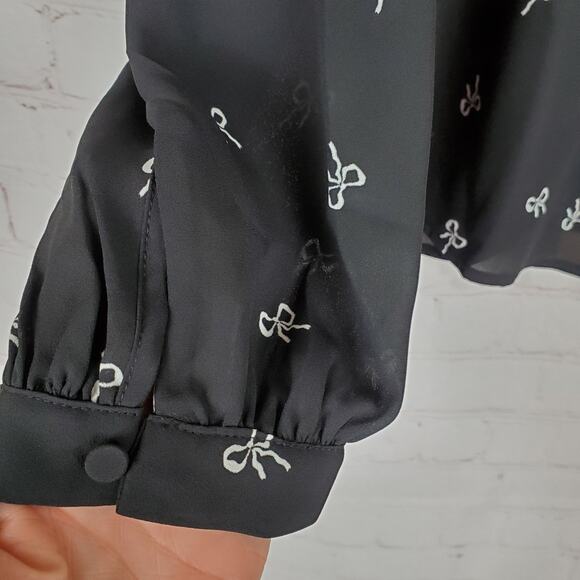 J Crew Velvet Tie Neck Top Bow Print Womens XL Black Ivory Blouse Long Sleeve - Picture 8 of 14